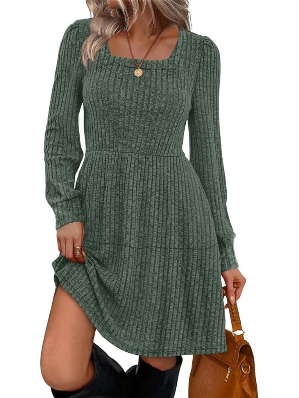 Sampeel Womens Square Neck Long Sleeve Fall Dresses Casual Babydoll Sweater